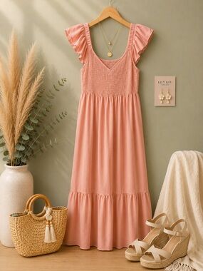Blush Pink Smocked Flutter Sleeve Maxi Dress | Cottagecore Summer Dress